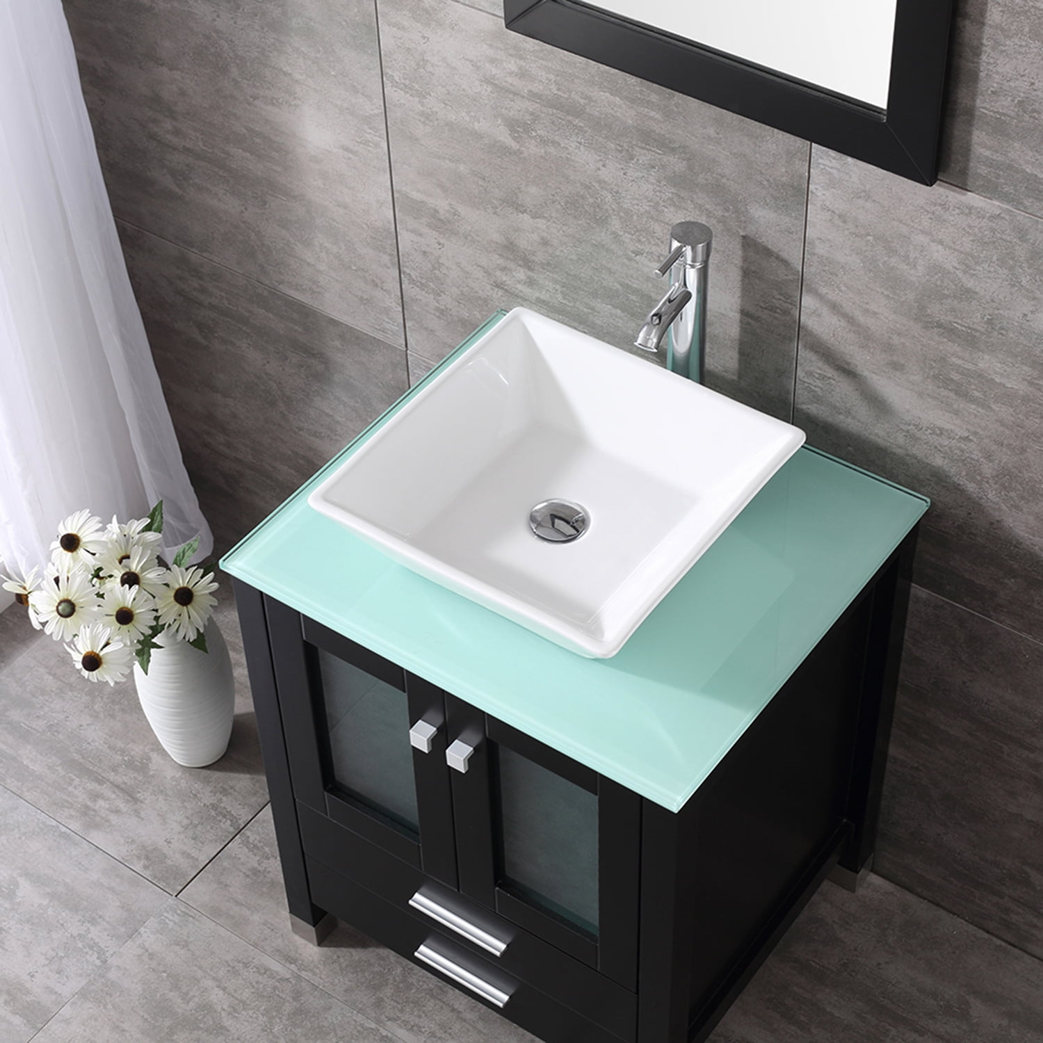 Walcut 24'' Black Wood Bathroom Vanity Cabinet Tempered Glass Countertop Ceramic Sink w/ Mirror