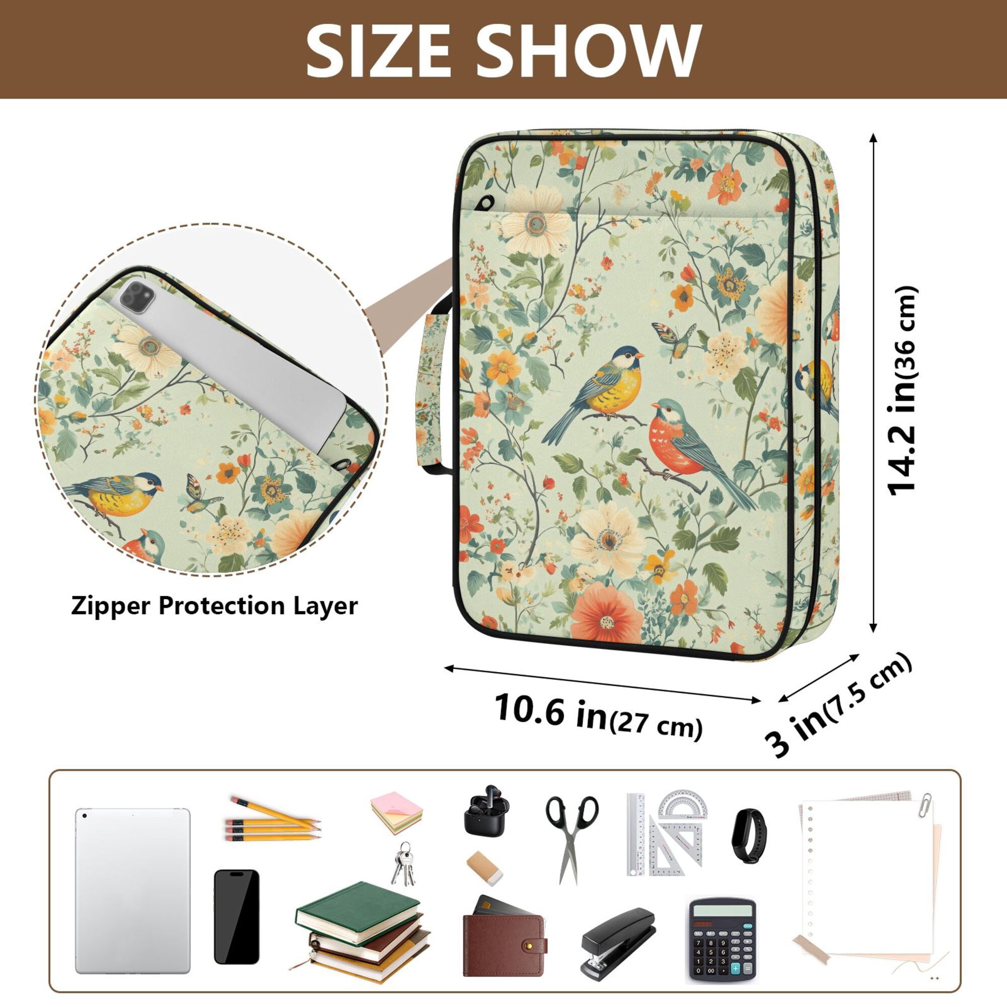 FORMRS Accordion File Folder A4 Size 7-Pocket Expanding Document Organizer Bag with 3 Ring Binder, Green Floral Pattern