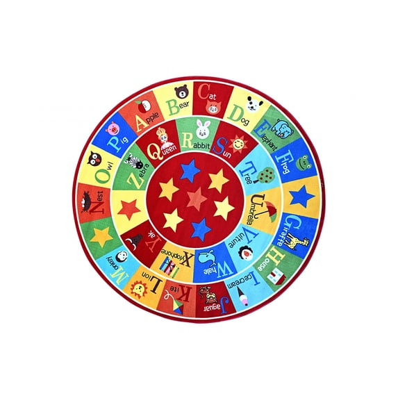 Furnish My Place Indoor Round Area Rug for kids - 5 ft., Multicolor, ABC With Animal Rug with Jute Backing