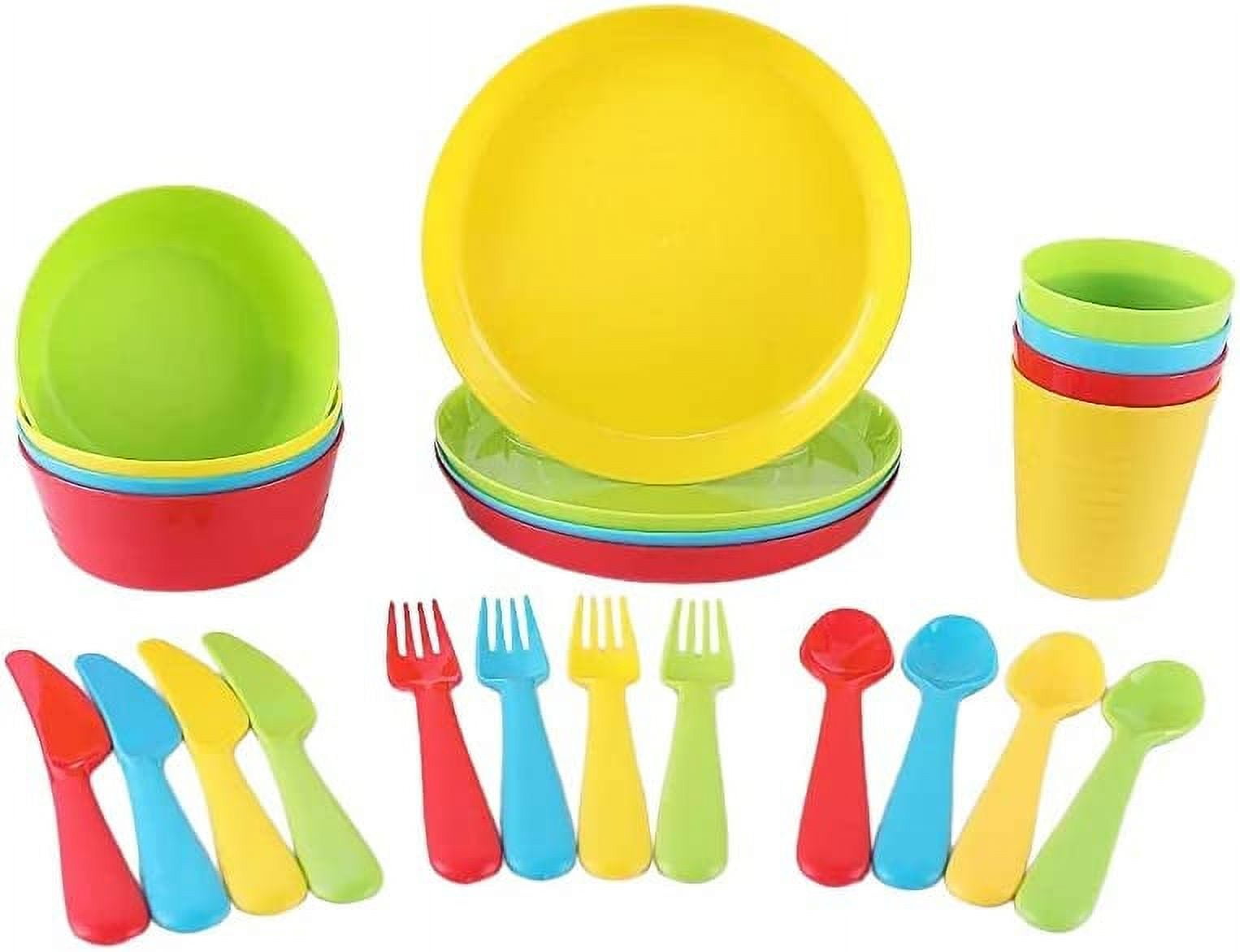 Plaskidy Plastic Toddler Utensils Set 8 Kids Forks and 8 Kids Spoons - BPA Free/Dishwasher Safe Toddler Silverware Brightly Colored Kid Plastic