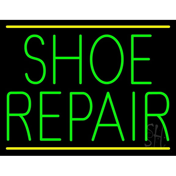 Green Shoe Repair Yellow Lines LED Neon Sign 24 x 31 - inches, Black Square Cut Acrylic Backing, with Dimmer - Bright and Premium built indoor LED Neon Sign for store interior Décor, Storefront.