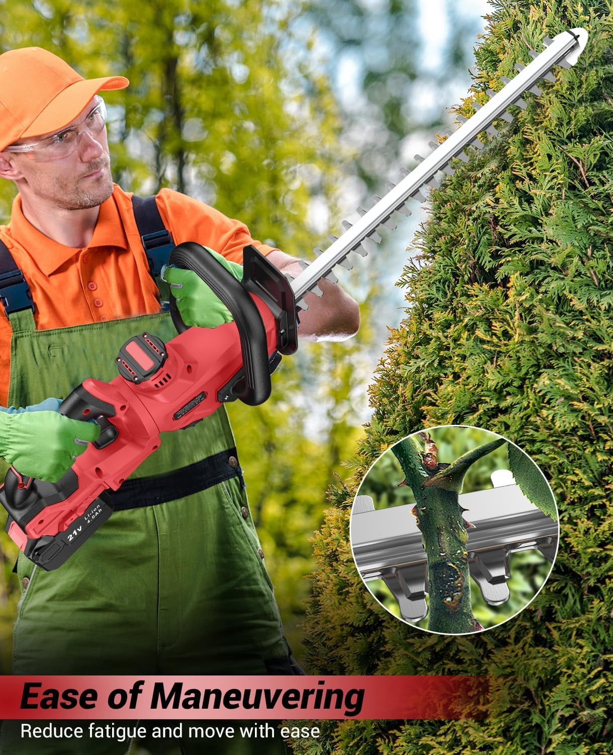 Cordless Hedge Trimmer 21V with 4000mAh Battery, 14 Inch Dual-Action Blades for Hedges and Shrubs
