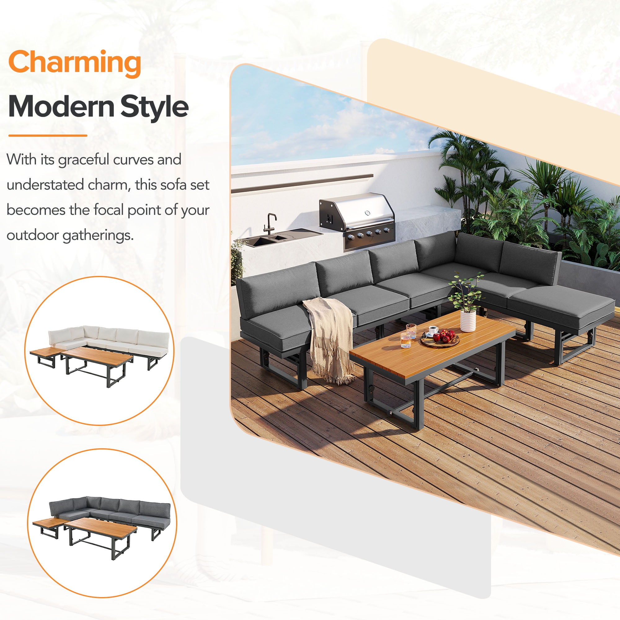 Harper & Bright Designs Metal Patio Conversation Furniture Set, 3 Pieces Modern Outdoor Sectional Sofa Set with Coffee Table and Height Adjustable Seating for Garden and Backyard, Grey