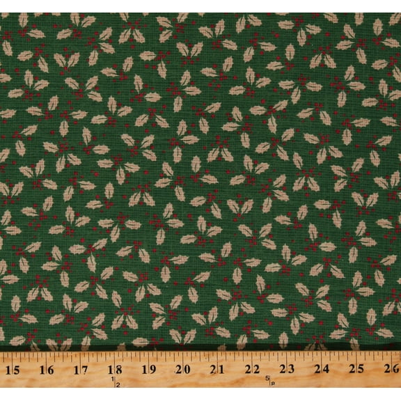 Cotton Christmas Holly Berries Leaves Greenery Winter Seasonal Postcard Holiday Green Cotton Fabric Print by the Yard (POHO-04445-G)