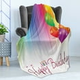 thumbnail image 4 of Birthday Soft Flannel Fleece Throw Blanket, Rainbow Colored Striped Backdrop Balloons Lettering Candles Artwork Prit, Cozy Plush for Indoor and Outdoor Use, 50" x 70", Multicolor, by Ambesonne, 4 of 5