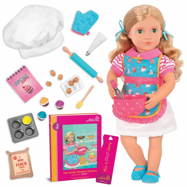 Muñeca plegable para hornear Our Generation Jenny de 18 pulgadas con accesorios