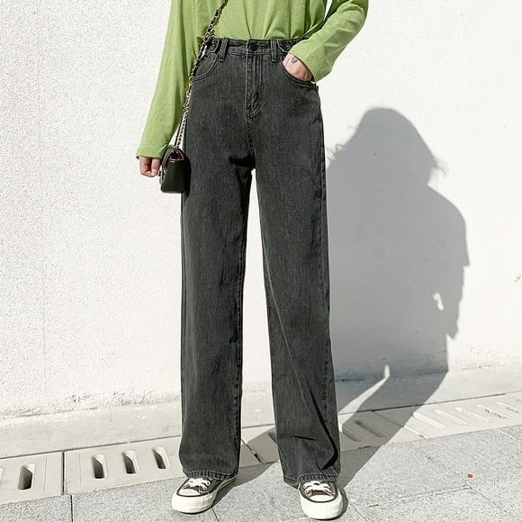 Pantalon Femme Jeans Taille Haute Pantalon en Denim Jambe Grand Vêtements en Denim Jeans Bleus Vintage Qualité Mode Pantalon Droit - Gris Foncé / m