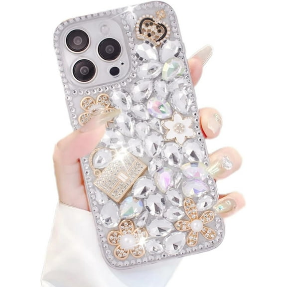 Compatible with iPhone 14 Pro Max Bling Case for Women Cute Luxury 3D Glitter Diamond Crystal Rhinestone Sparkle Shiny Gemstone Crown Handbag and Flower Cover Soft TPU Bumper