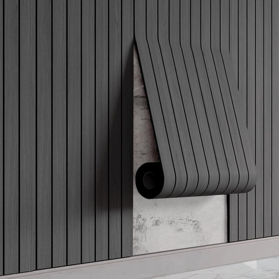 Self-Adhesive PVC Slat Wall Panels, Peel and Stick Wood Panels 118"x15.75", Thick Faux Black Oak Wood Grain Wallpaper Panels 3D Soundproof Wall & Ceiling Panels Decorativos para Pared