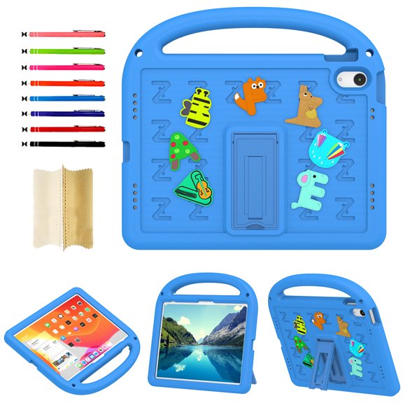 for iPad 10th Gen 10.9" 2022 A2757/A2777/A2696 Silicone Kids Friendly Shockproof Cute Case with Handle Grip, Heavy Duty Multiple Angles Kickstand Rugged Cover for iPad 10th Generation, Blue