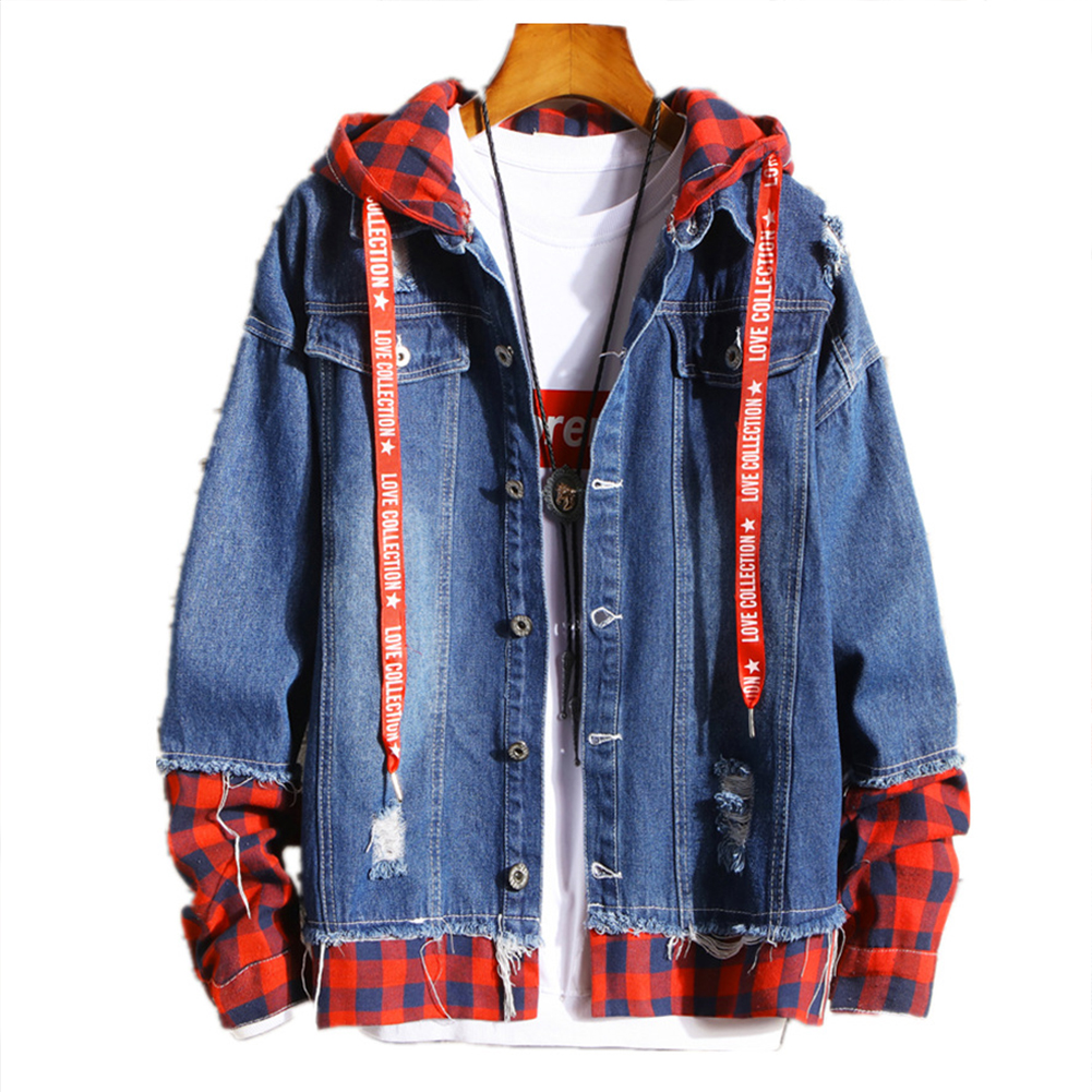 Men Fake Two Pieces Denim Jacket Plaid 