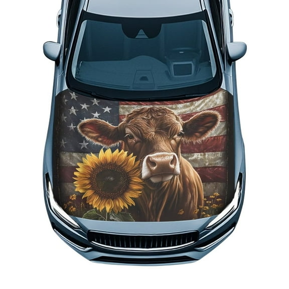 Uorisanigo Car Hood Cover Stretchable Sunflower Cow USA Flag Automotive Hood Covers Easy to Install and Clean All-Season Protection Car Decoration Accessories for Men Women
