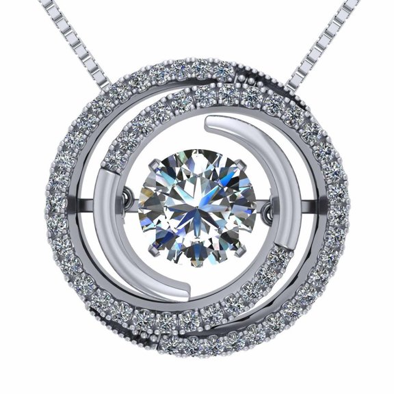 Circle Swirl Dancing Stone Pendant Silver & Pure Brilliance CZ with 0.8mm 22" Adj. Box Chain - Platinum Plated