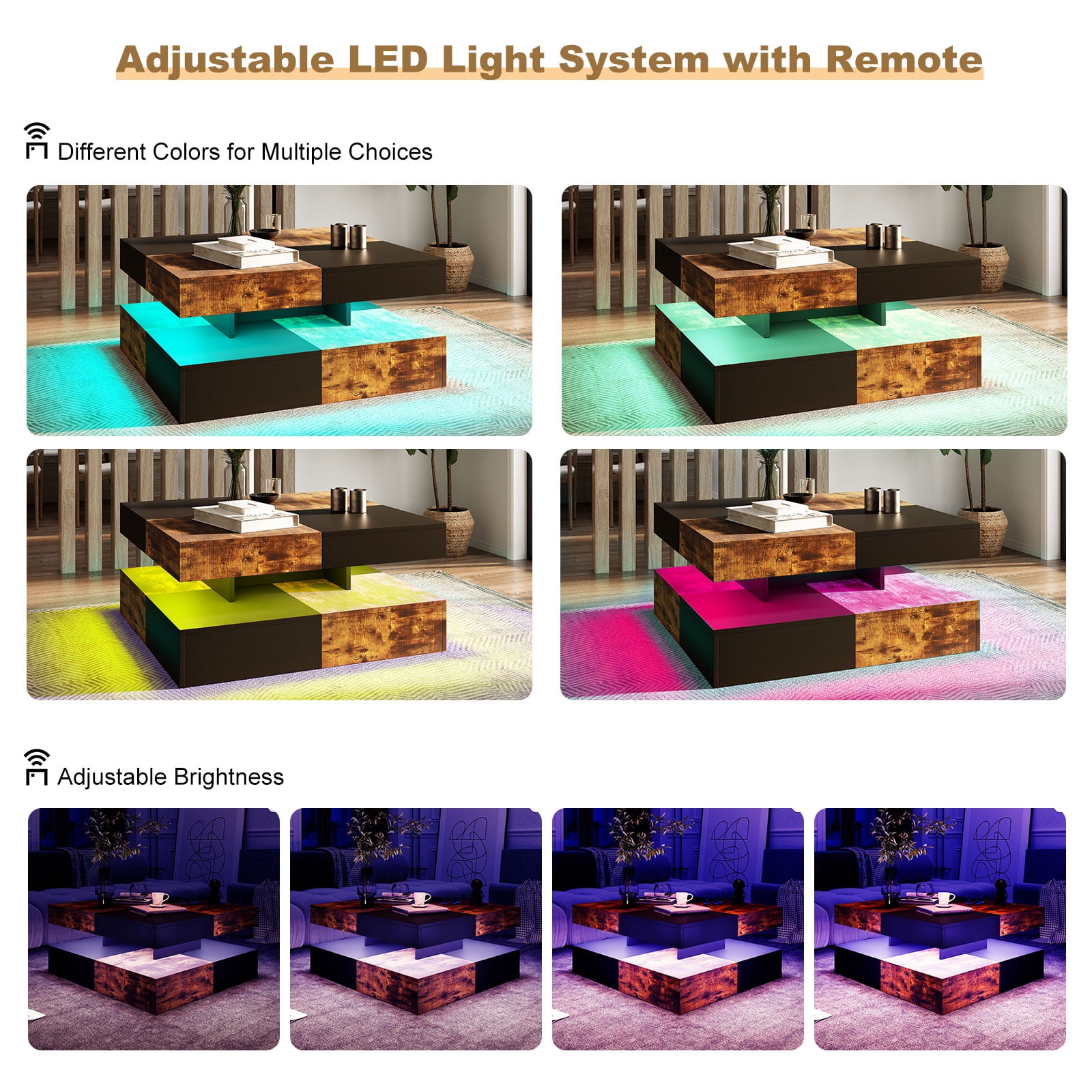 Hironpal Modern Rustic Brown Square LED Coffee Table - 2-Tier Storage, 16-Color LED Light, Contemporary Cocktail Tea Table for Home Office Reception