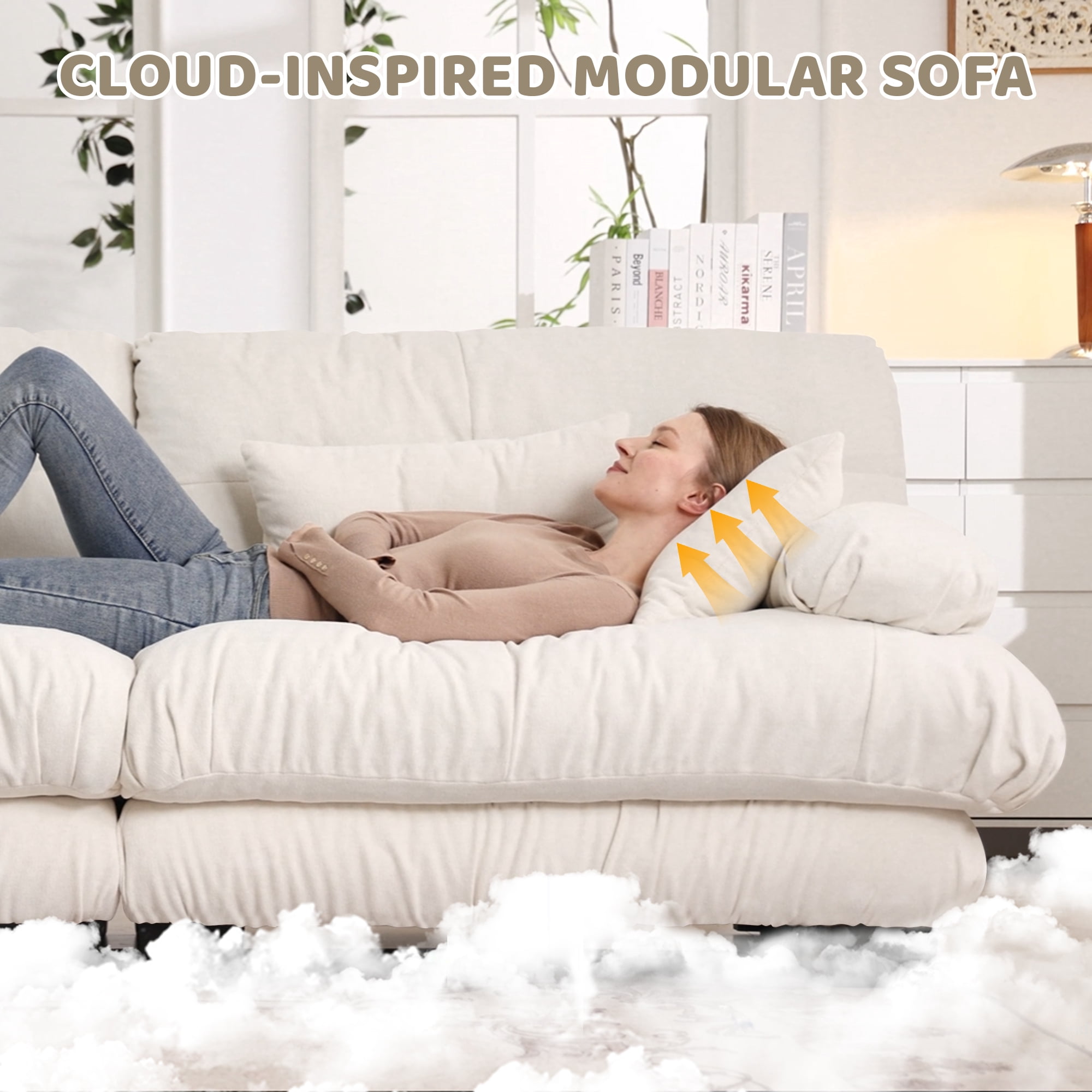 MAYEERTY 99.4in Cloud Sectional Sofa Couch for Living Room, Chenille 2 Seater Sofa with 2 Lumbar Pillows, 2 Throw Pillows and Convertible Ottoman, White