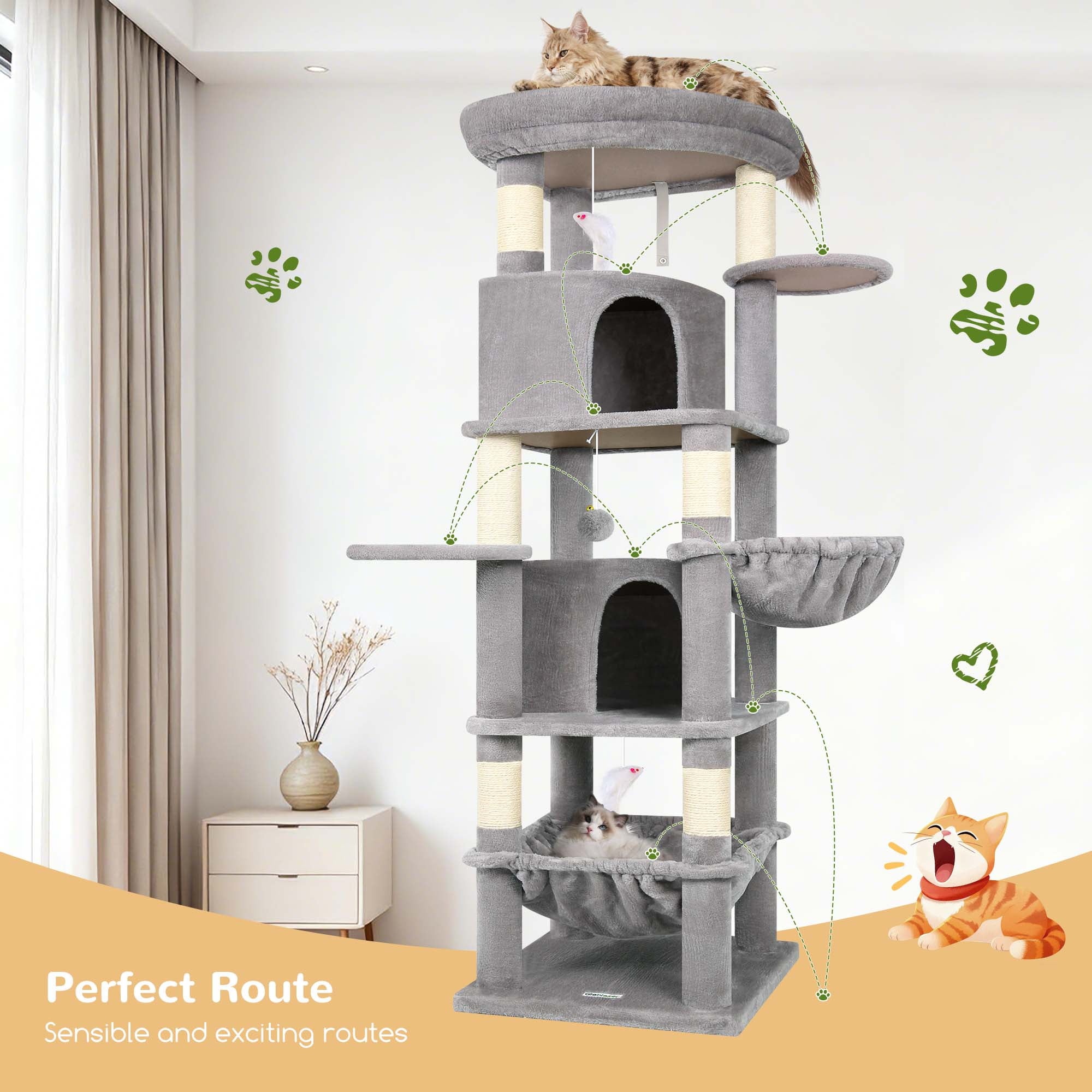 Globlazer 68" XL Corner Cat Tree Tower Condo for Large Cats - 6 Sisal Scratching Posts, 2 Condos, Hammock & Hanging Basket, Light Grey