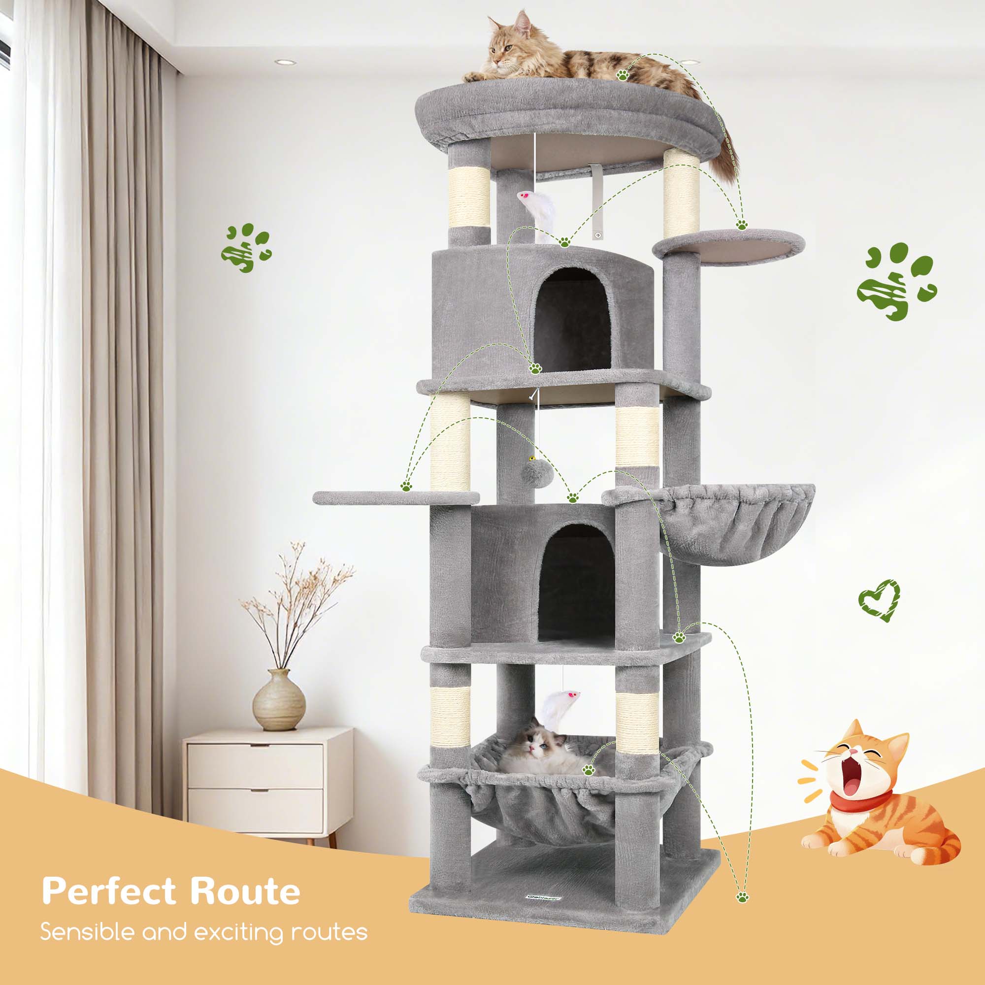 Globlazer 68" Corner Cat Tree with 6 Scratching Posts and 2 Condos, Light Grey photo 5