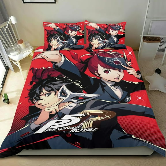 Persona 5 Royal Themed Bed Sheet Set Three Piece Set 53x79 In ches Comfortable And Skin Friendly Unique Design Creating A Star Studded Night Home Decor Gifts For Family Friends fans