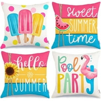 Hello Summer Pillow Covers 18x18 Inch Set of 4, Popsicles Flamingo Swim Ring Pool Party Sweet Summer Time Farmhouse Decorative Throw Pillowcases for Home Sofa Couch Decoration G525-18