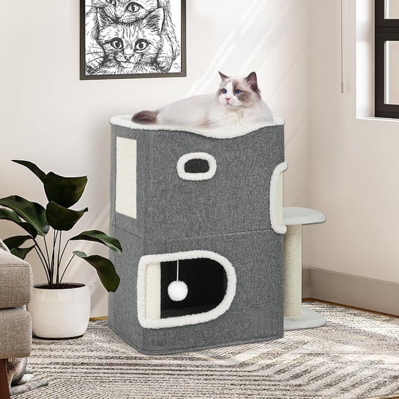 2-Tier Cat House, Indoor Cat Cave Bed Playhouse, Cat Tunnels with Scratch Pad and Hideaway Cube, Cute Modern Cat Condo Furniture for Multi Small Cats, Extended (Grey)