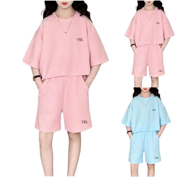 BXSRUTA Big Kids Summer Casual 2 Piece Outfit Letter Print Round Neck Short Sleeve T Shirt and Shorts Set Soft Breathable Cotton Playwear