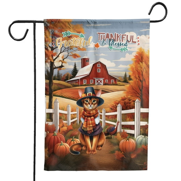 Thanksgiving Abyssinian Pilgrim Grateful, Thankful, Blessed Fall Welcome Garden Flag 12x18in Double Sided Cat Lover Kitten Owner Gifts Outdoor Decor - 00021