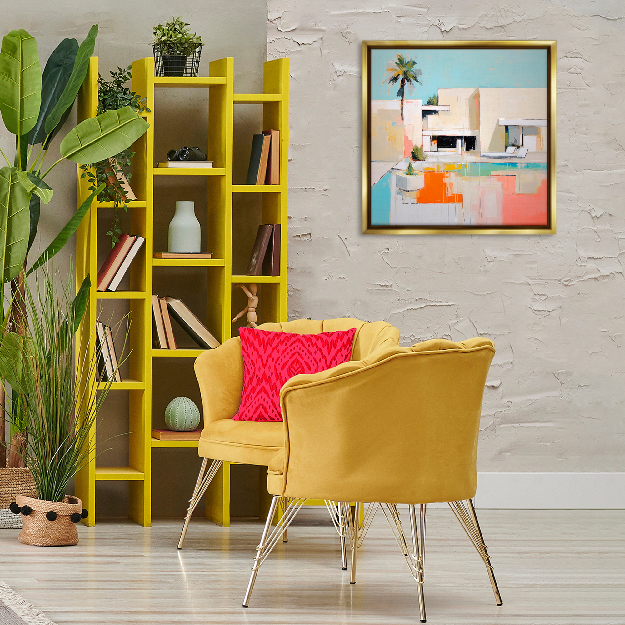 Stupell Industries Modern Tropical Villa Town & City Painting Gold Floater Framed Canvas Art Print Wall Art, 25 x 25