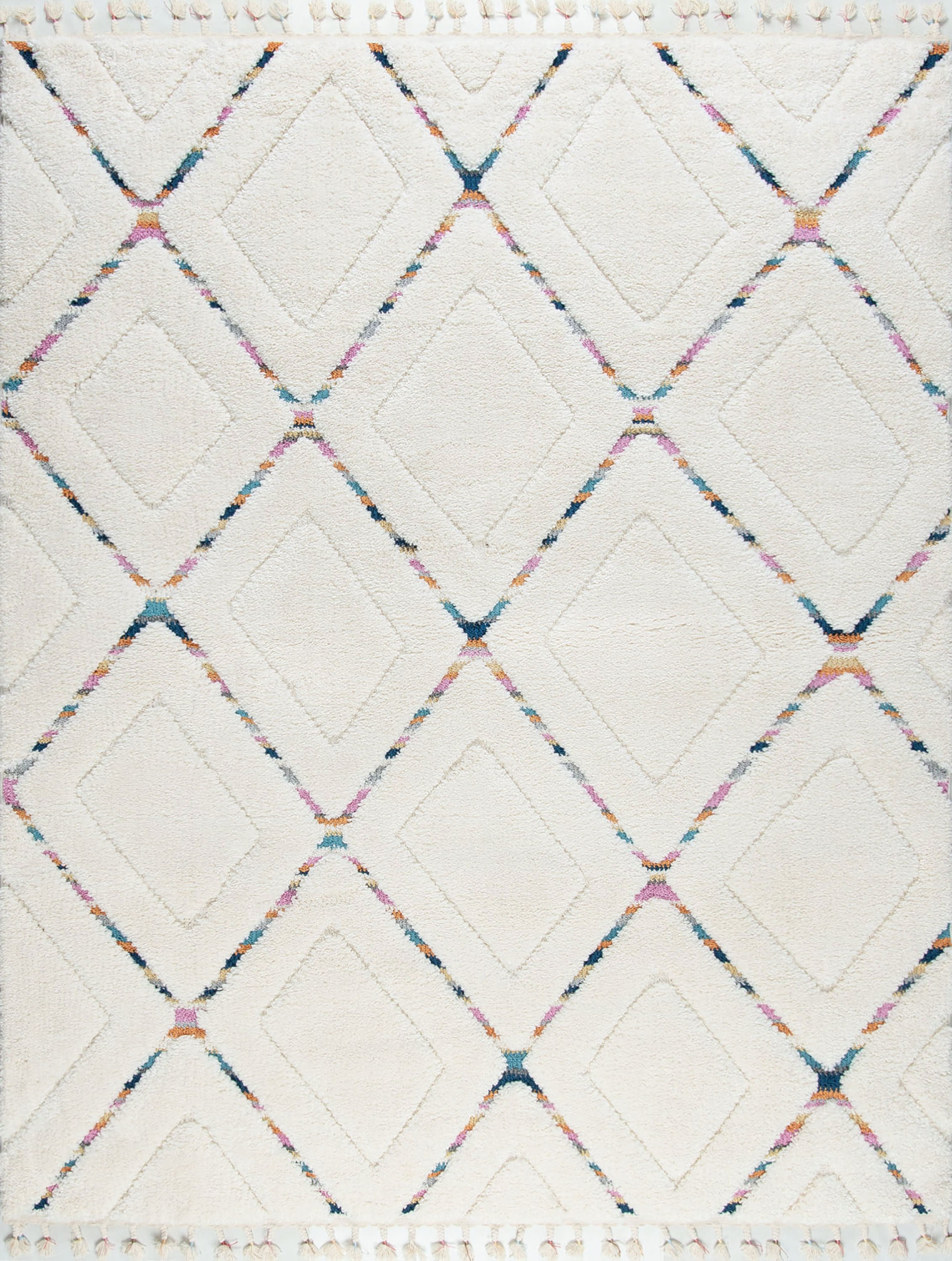 Contemporary 8x10 Area Rug Shag Thick (7'10'' x 9'10'') Geometric Cream, Multi-color Living Room Easy to Clean