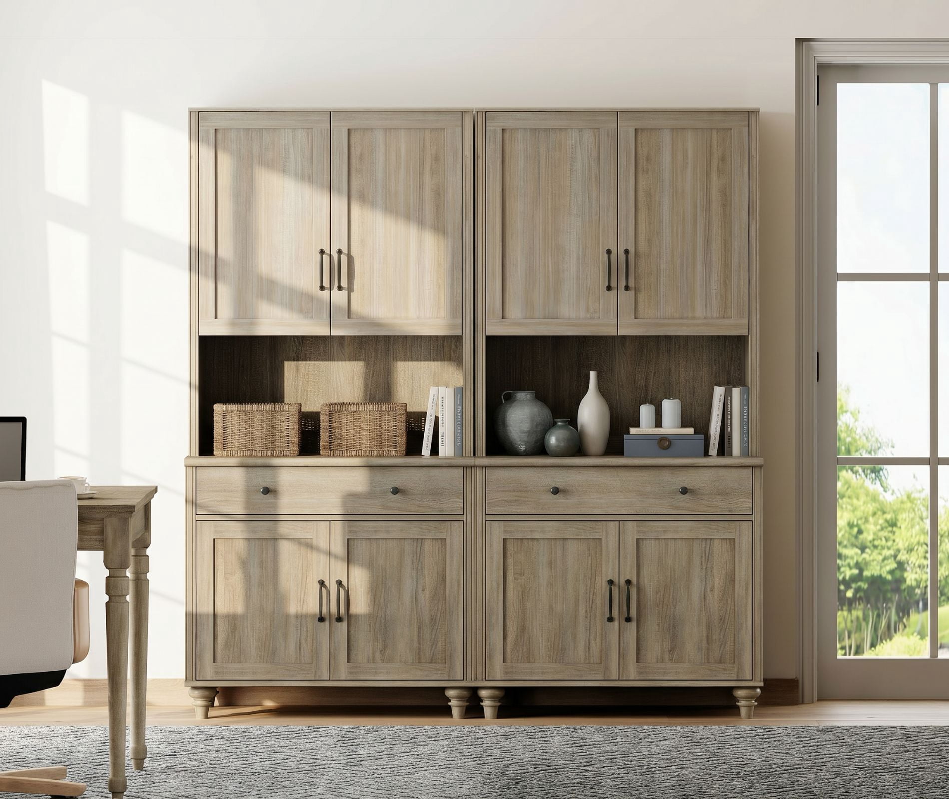 72"H × 68"W Large Farmhouse Wooden Library Bookcase with Ample Storage Cabinet, Freestanding Bookshelf for Living Room, Office & Study Room, Wash Gray