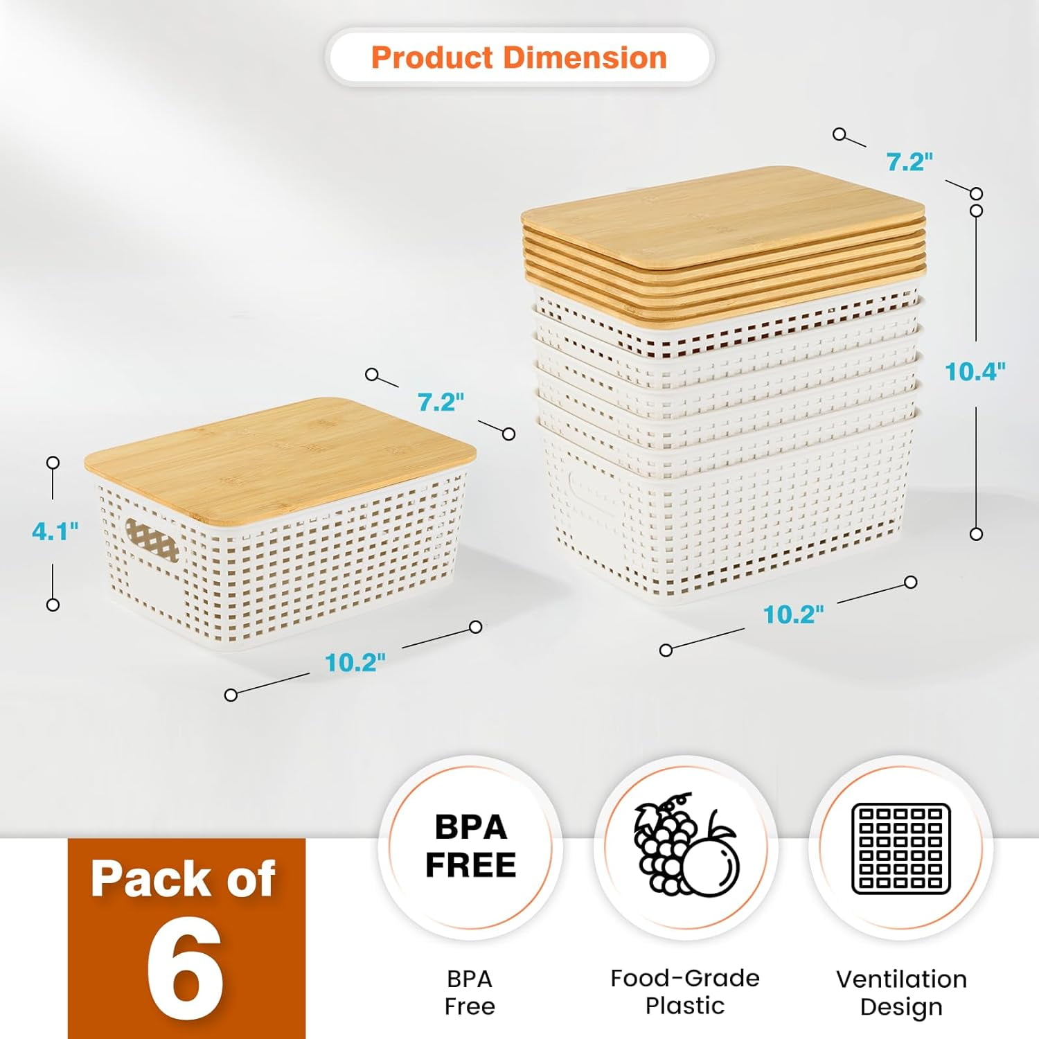 HBlife Plastic Storage Baskets With Bamboo Lids, 6 Pack Storage Containers Stackable Storage bins, Storage Baskets for Organizing Shelves Drawers Desktop Closet Playroom Classroom Office, White