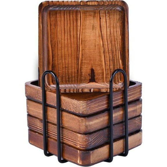 POINTERTECK Coasters for Drinks, Set of 5 Natural Pine Wood Style Drink Coaster with Holder for Coffee Wooden Table, Mandala Coasters with Non-Slip Mat, Tabletop Protection, Suitable for Kinds of Cups