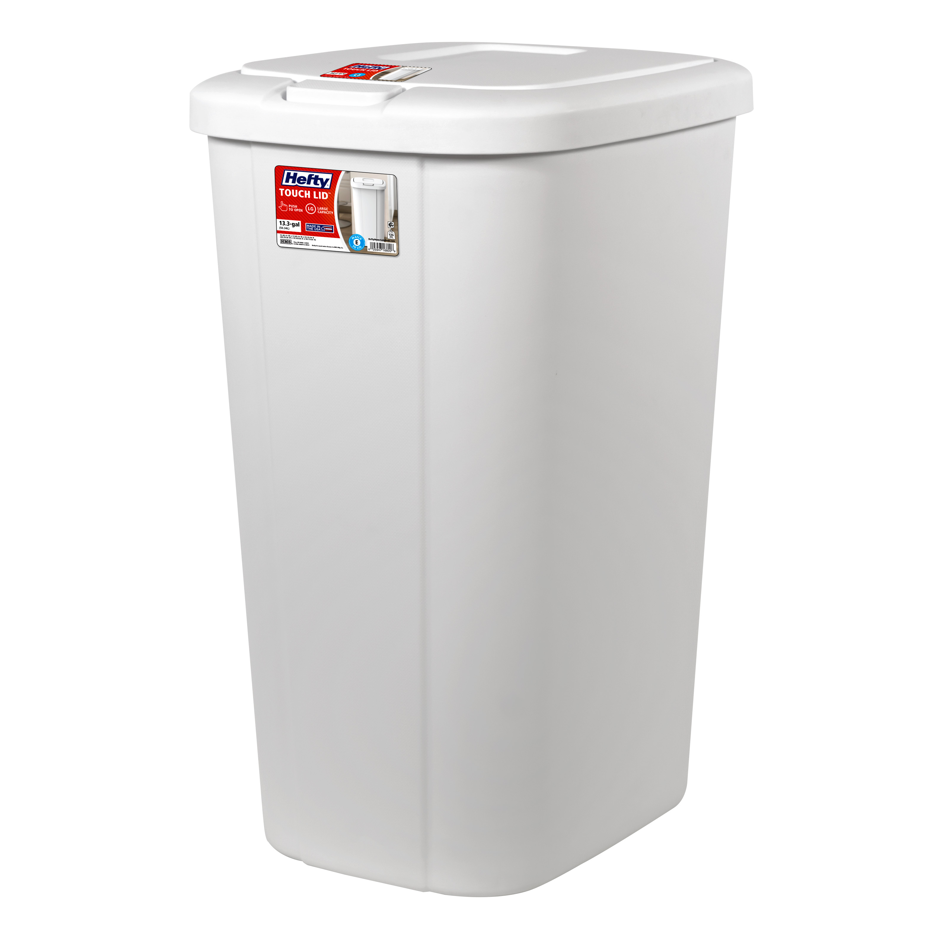 Hefty Kitchen Trash Can, 13.3 Gallon Plastic Touch Top Garbage Bin with Push Button Lid, White