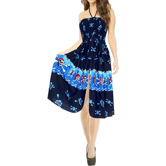 HAPPY BAY Women's Beach Summer Halloween Costumes Evening Vintage Party Caribbean Pirate Midi Slit Dress Flowy Elastic Tube Top Dresses for Women One Size Skull Crossbones, Royal Blue