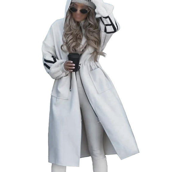 Women'S Hooded Windbreaker Knitted Long Sleeve Oversized Jacket Casual Drawstring Waist Coat with Zipper White M