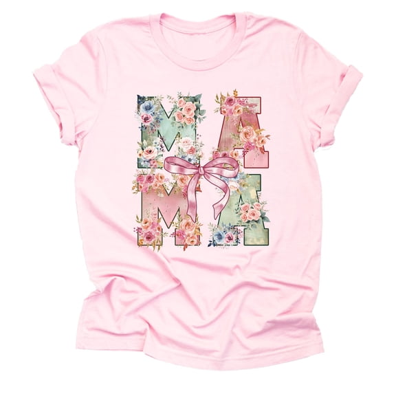 Floral Mama Shirt Mother's Day Flower Design Casual Short Sleeve Shirt ( XX-Large, Light Pink)