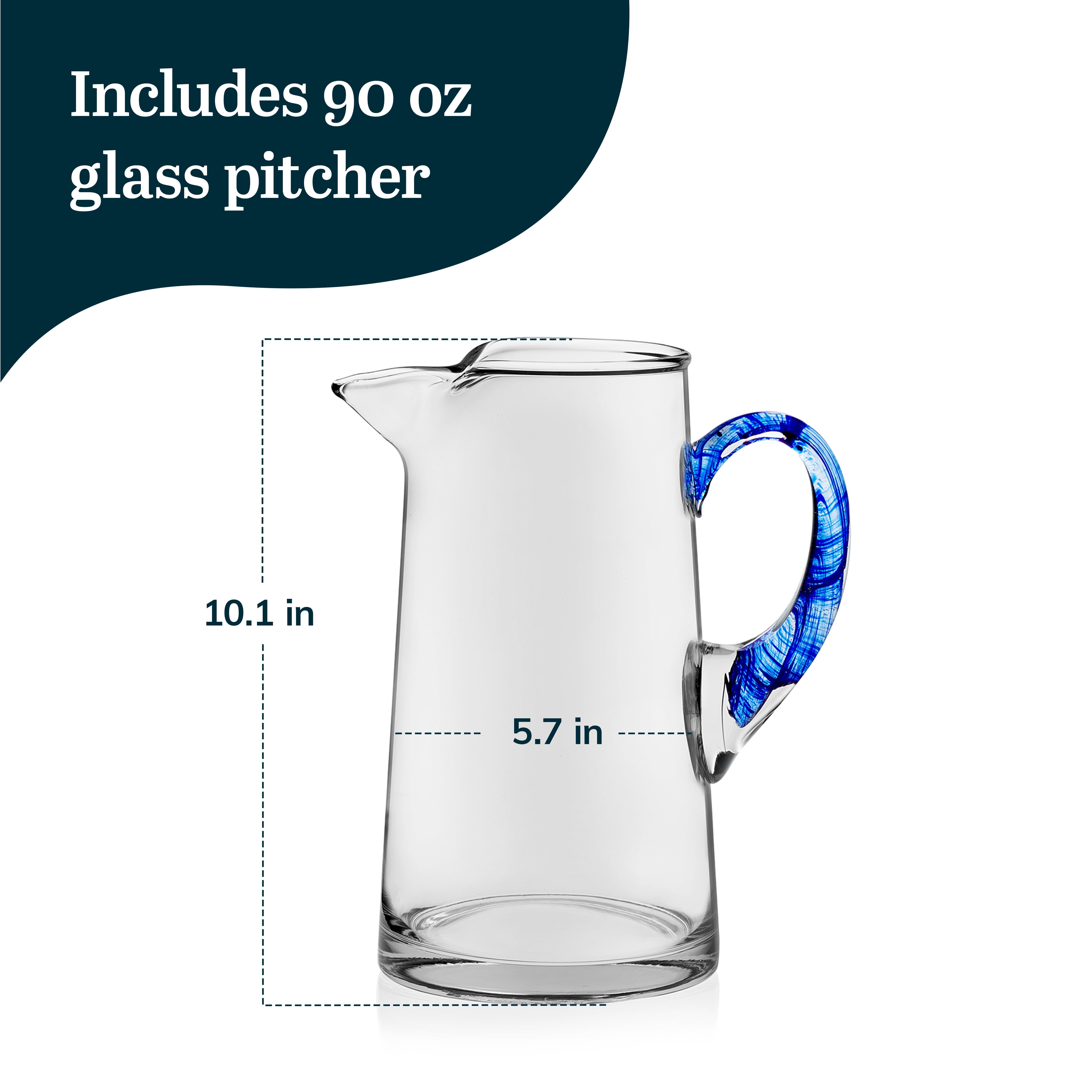 Libbey Cabos Glass Water Pitcher, 90 Oz Handcrafted Drink Pitchers with Spout and Blue Handle, Artisan-Inspired Glass Water Jar for Tables, Kitchen