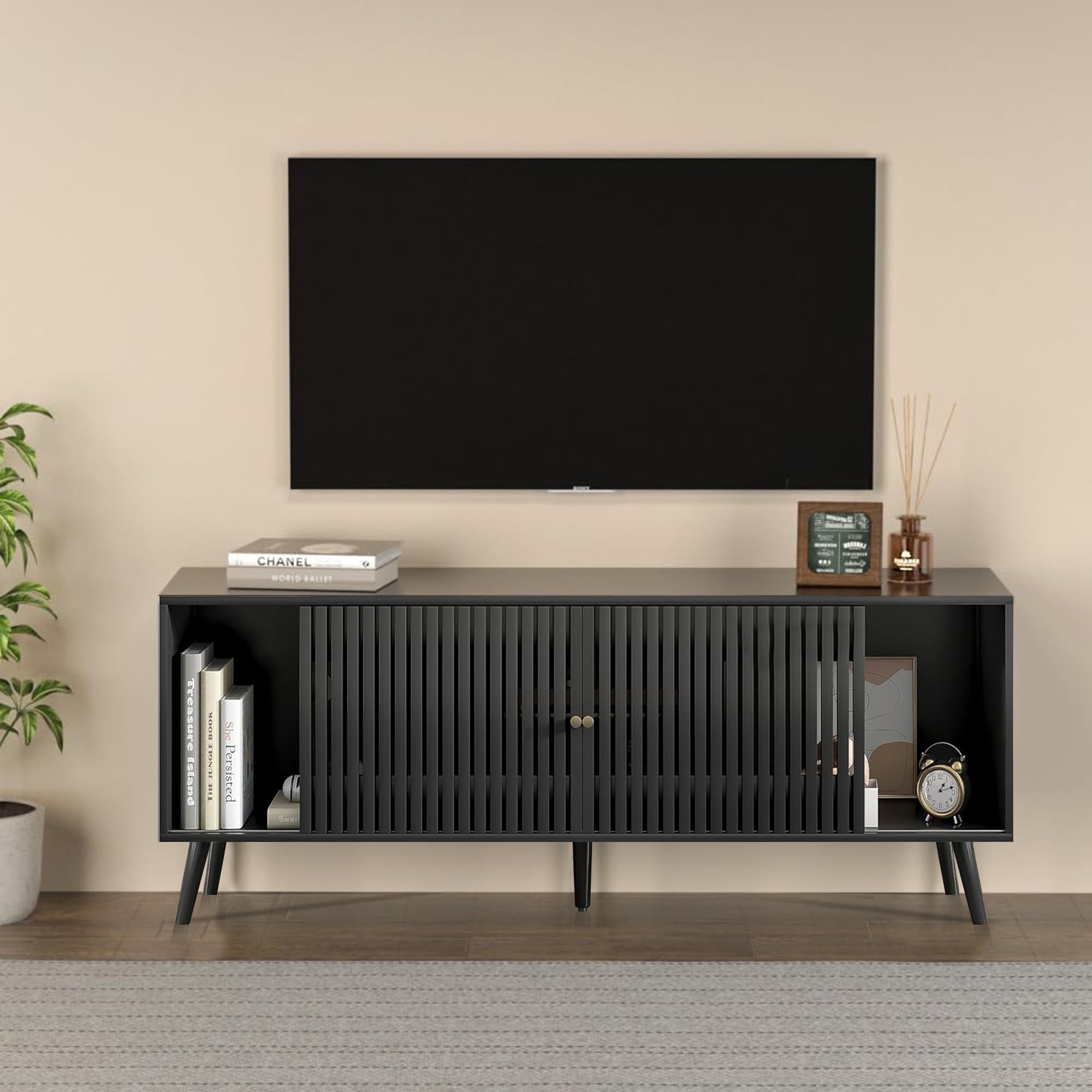 Mid-Century Modern TV Stand for TVs up to 70”, Sliding Door Wood Entertainment Center with Storage