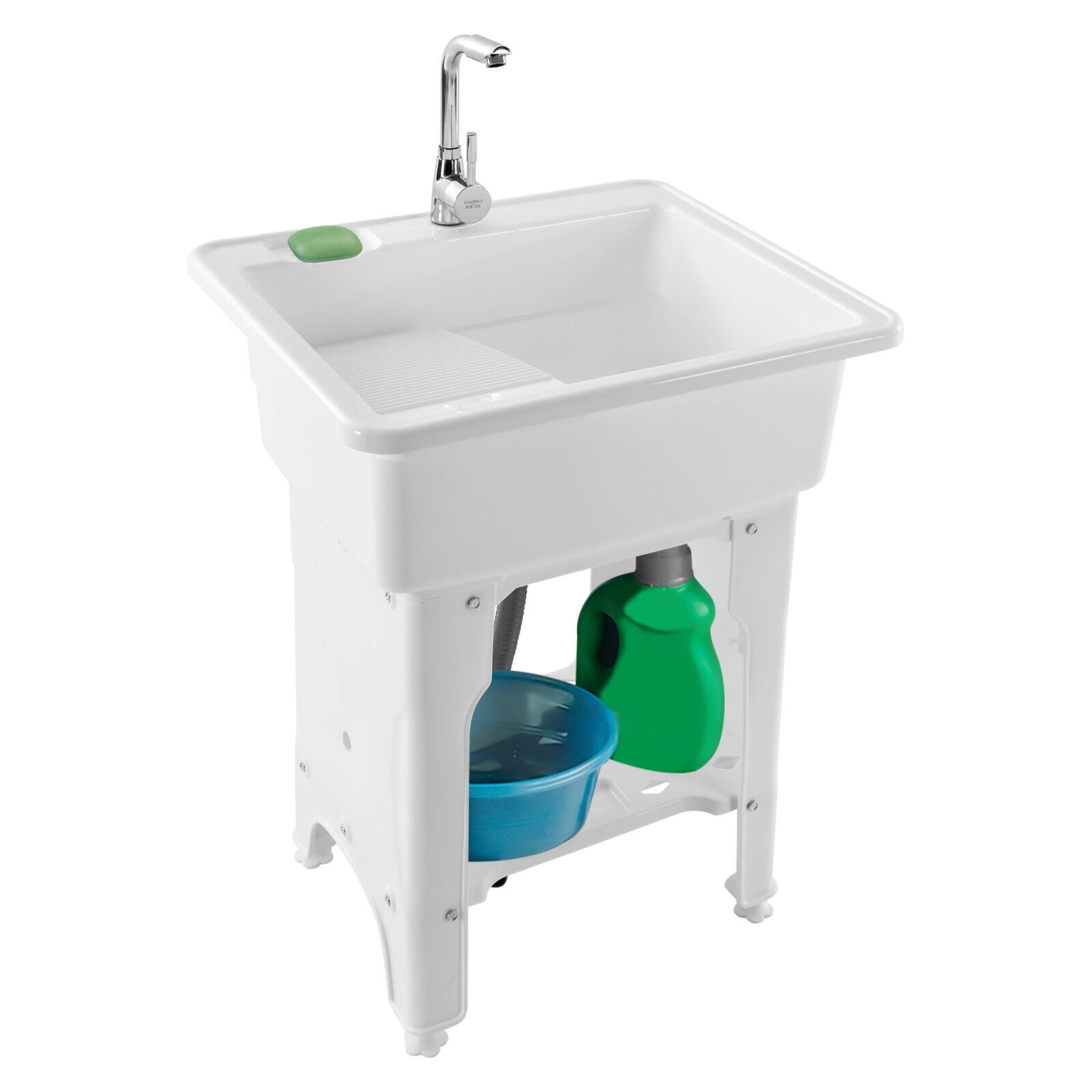 Freestanding Plastic Laundry Sink with Washboard, W31 x D22 x H31.5  Indoor and Outdoor Utility Sink with Cold and Hot Water Faucet, Hoses and  Drain Kit for Laundry Room, Garage, Basement, Garden 