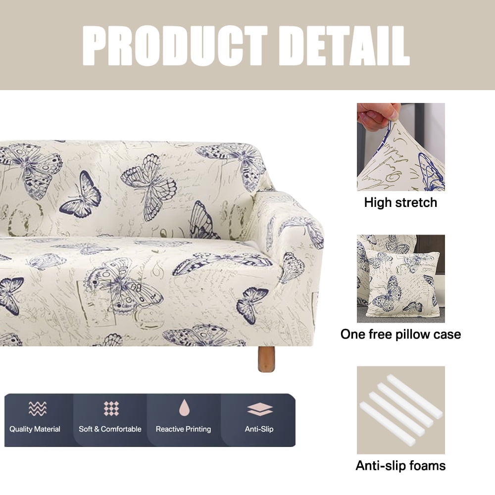 NEWEEN Sofa Cover High Stretch Elastic Fabric 1 2 3 Seater Sofa Slipcover Chair Loveseat Couch Cover Polyester Spandex Furniture Protector Cover with 1 Pillowcase (3 Seater, Pattern #Butterfly)