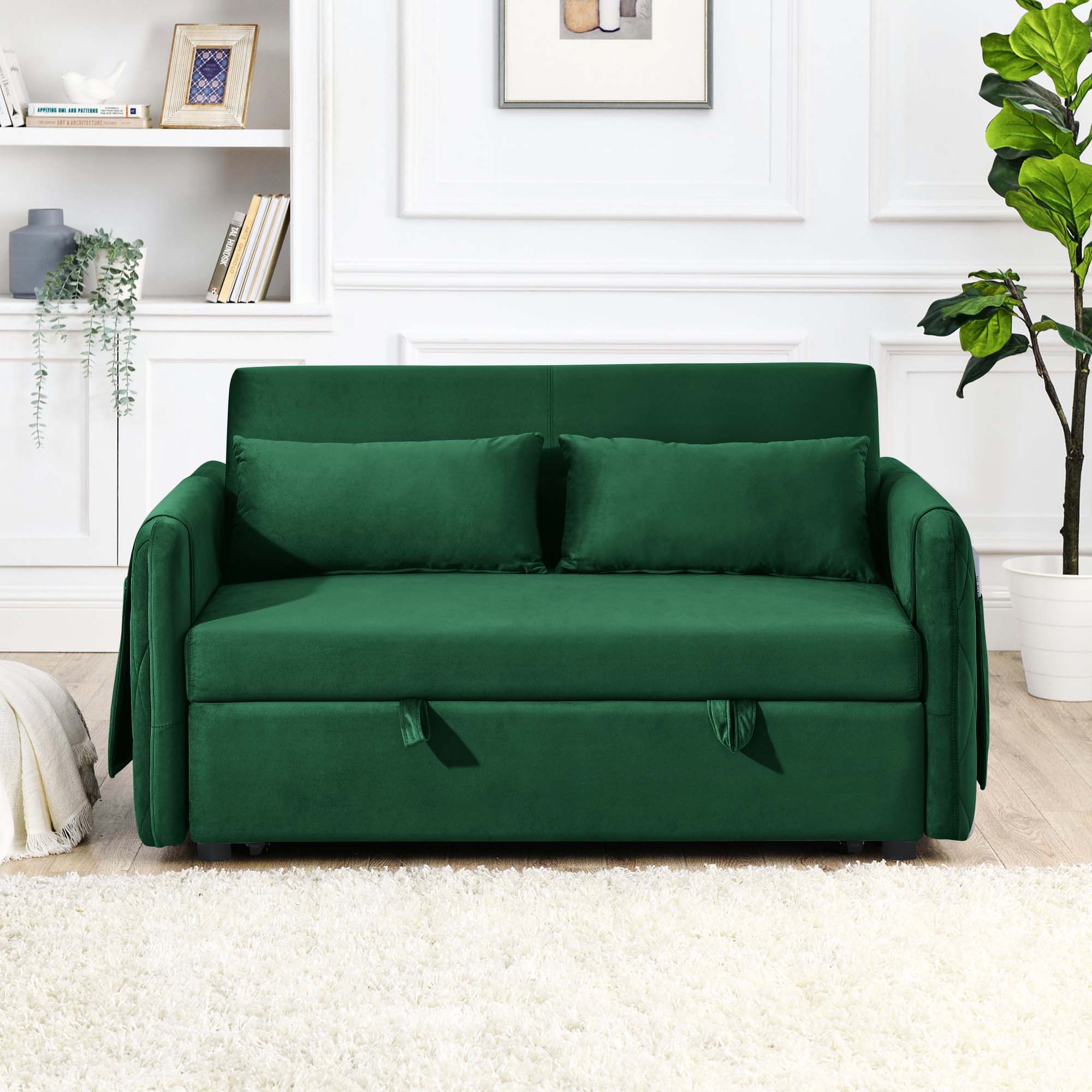 DEALTOPS 55" Modern Pull Out Loveseat Sofa Bed with 2 Detachable Arm Pockets, Green