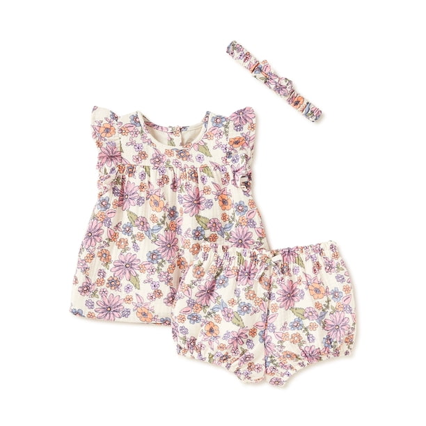 Wonder Nation Baby Girl Top, Bloomer Shorts & Headband Outfit, Sizes 0/