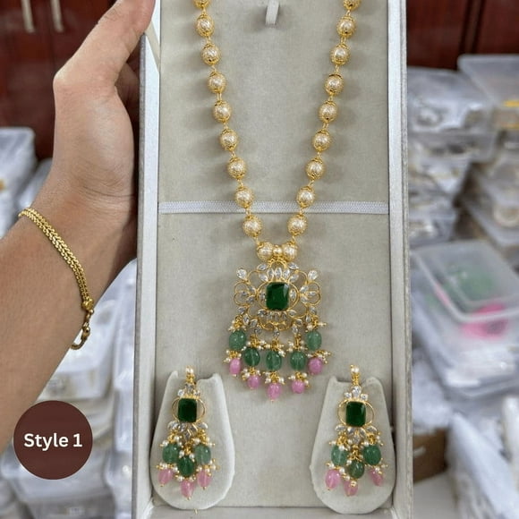 Gold Plated Swarovski Necklace Pearl Kundan Long Necklace | India Bridal Jewelry | Long Pearl CZ Necklace Sabyasachi Kundan Jewelry Set