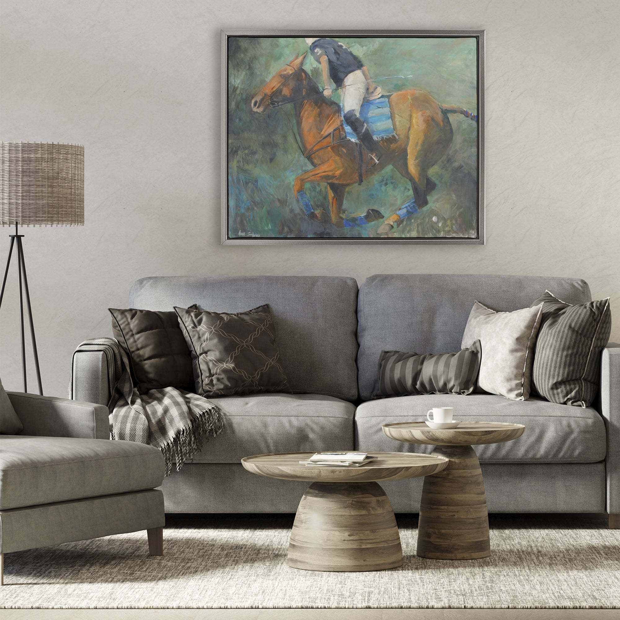 Stupell Industries Polo Rider in Dynamic Motion Gray Framed Floater Canvas Wall Art, design by Jadei Graphics