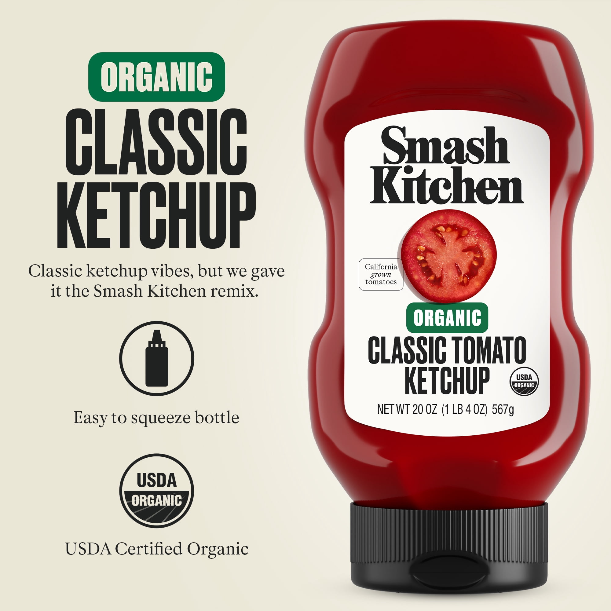 (12 pack) Smash Kitchen Organic Tomato Ketchup, 20 oz Bottle