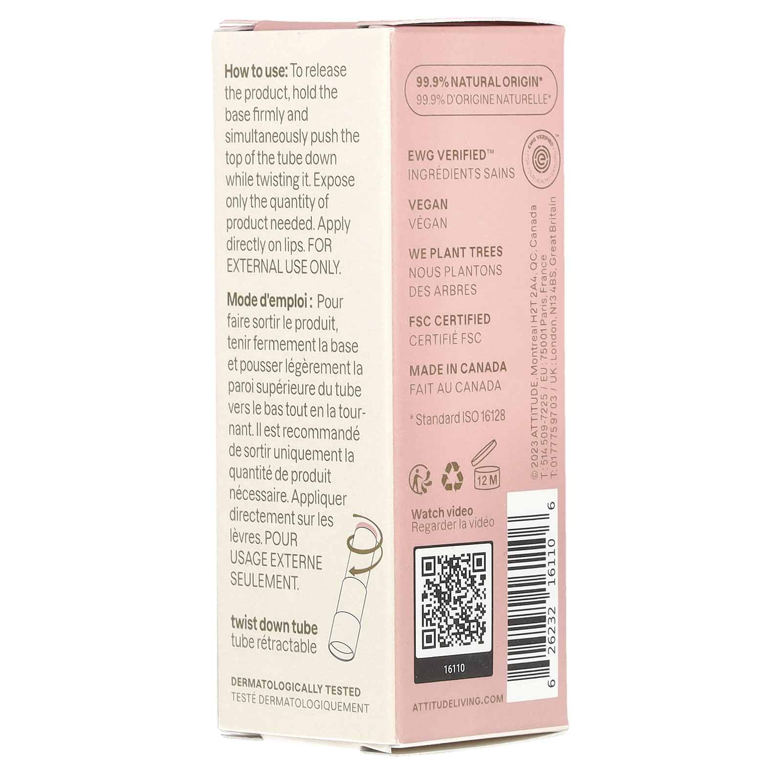 ATTITUDE Oceanly Plastic-Free Sheer Lip Gloss Stick, Titanium Dioxide-Free, EWG Verified, Vegan  and  Cruelty-free Makeup, Silly Pink, 0.12 Ounces