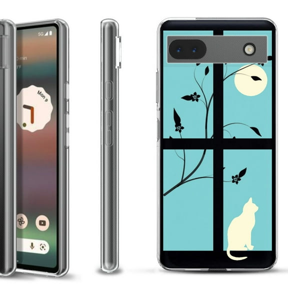 Slim-Fit Gel TPU Phone Case for Google Pixel 6a, by OneToughShield ® - Moon/Cat