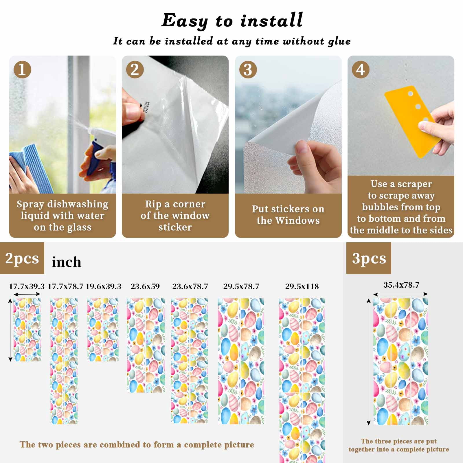 Easter Colored Eggs Window Privacy Film, Blue Pink Orange Flower Leaf Spring Frosted Glass Window Clings Static Cling UV Heat Blocking Reusable Door Sticker for Bathroom 23.6 x 59 Inch