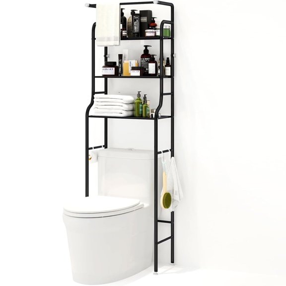SUSUZI Over The Toilet Storage Shelf 3-Tier Bathroom Organizer Rack Metal Bath Shelves Space Saver Freestanding Above Toilet Stand for Bathroom Laundry, Black