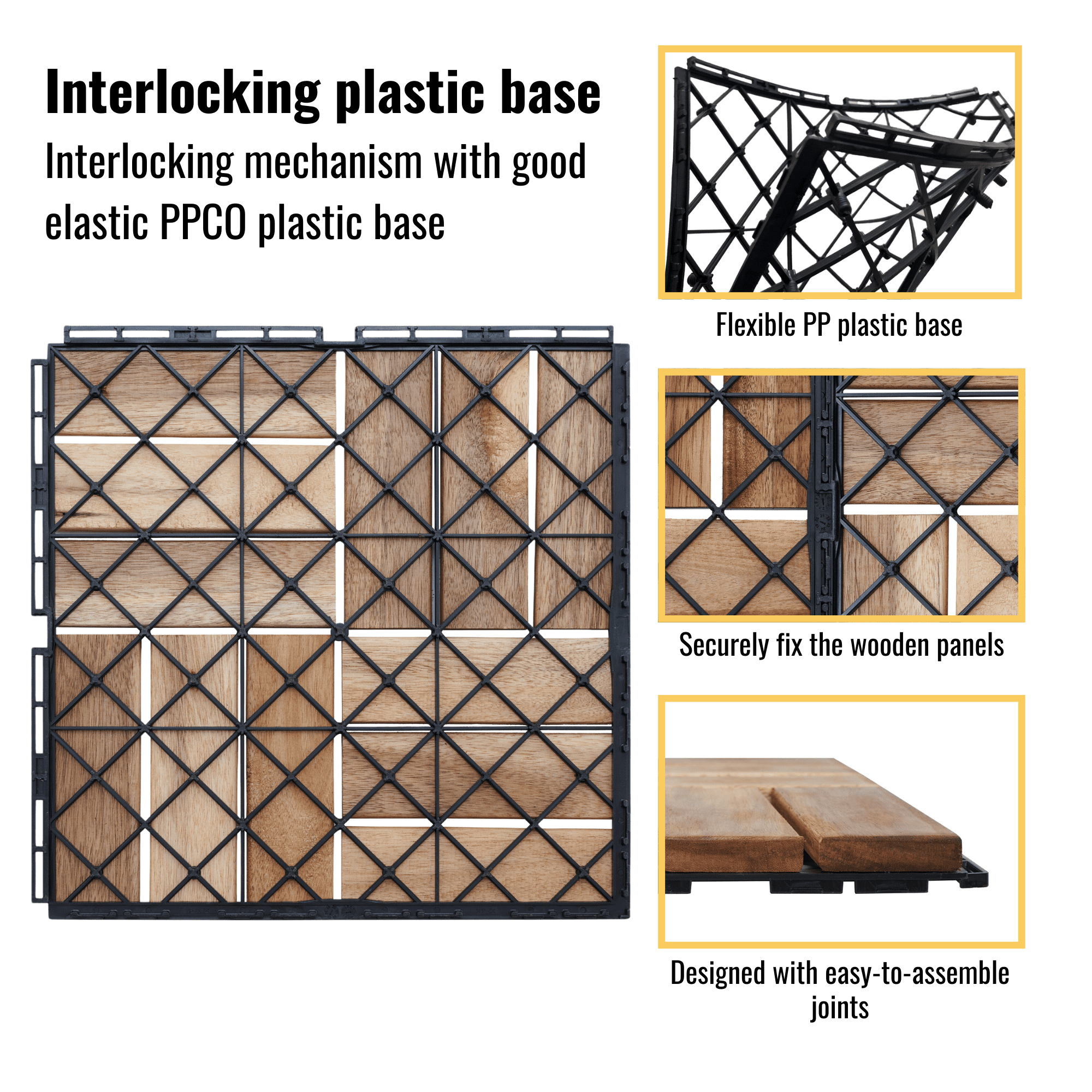 30 PCS Yellow Acacia Hardwood Interlocking Deck Tiles Checker Pattern 12"x12" Outdoor Flooring for Patio Balcony Pool Side Garden Porch