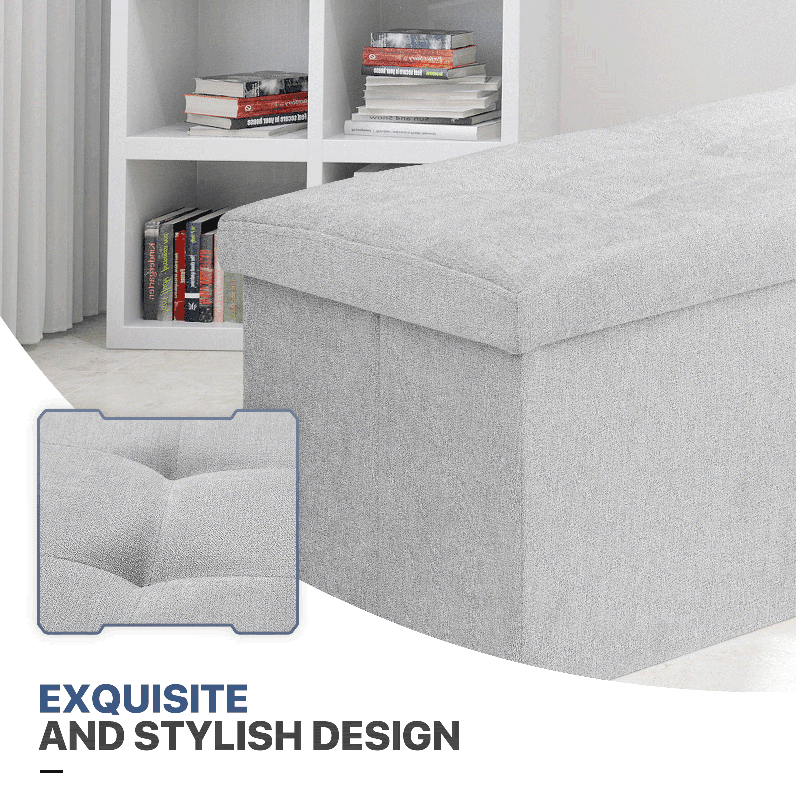 MoNiBloom 30" Folding Storage Ottoman Bench, Cotton-linen Collapsible Footrest Ottoman with Storage, for Living Room Bedroom Entryway, Light Gray